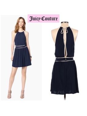 Juicy Couture Navy Halter Dress. Contrast Trim | Deep V Back | Women’s Sz-M